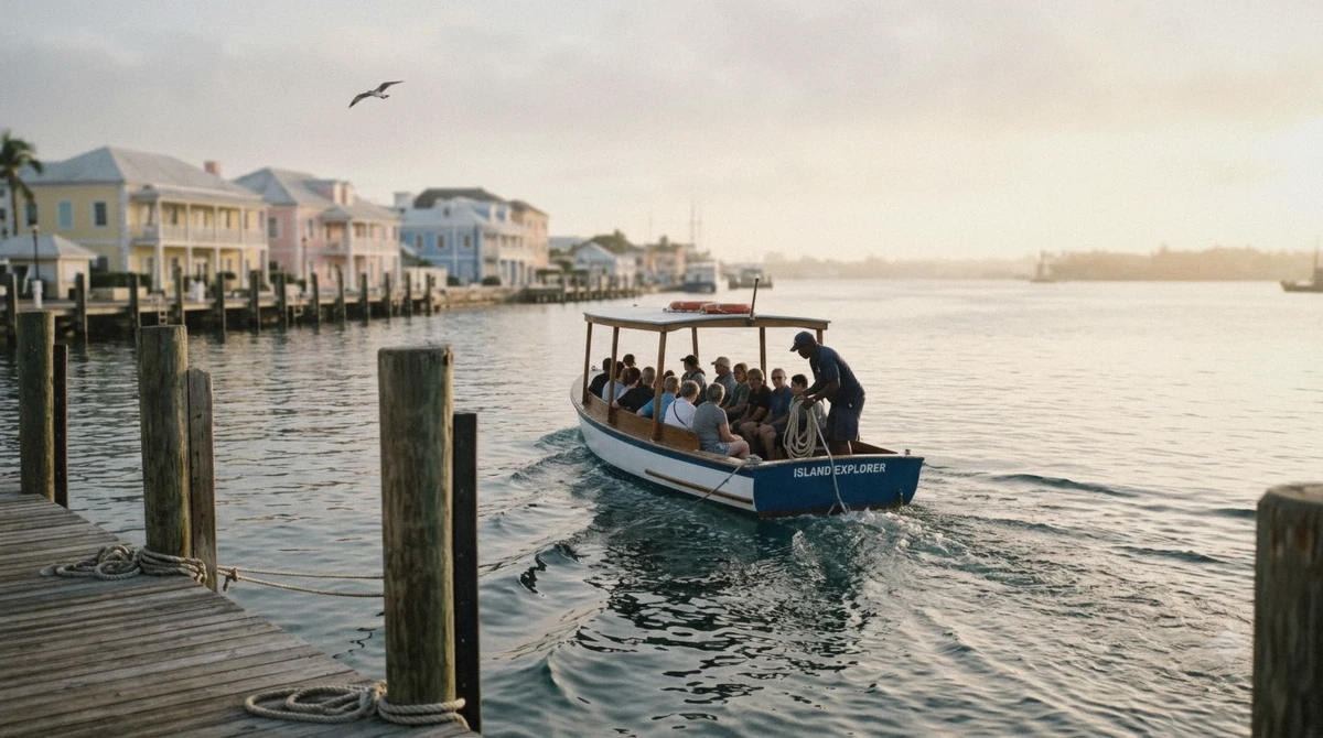 A tour boat departing Nassau harbour on a clear morning, the best time of day to swim with the pigs in the Bahamas