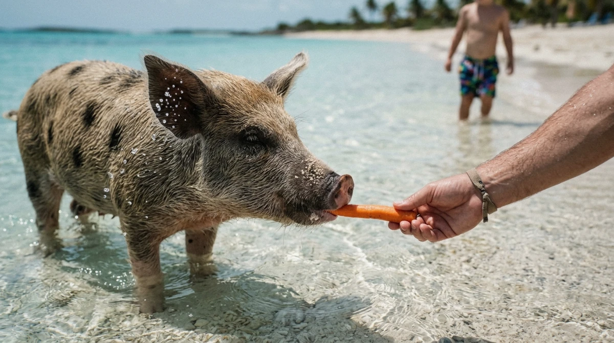 Traveller holding out a carrot to a pig in knee-deep water, the part of the day people book when they swim with pigs in the Bahamas