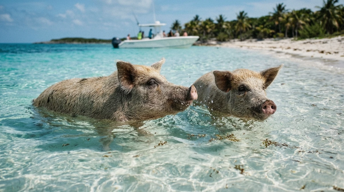 Two pigs wading in clear shallow water off a Bahamian cay, the stop every price quoted here is built around