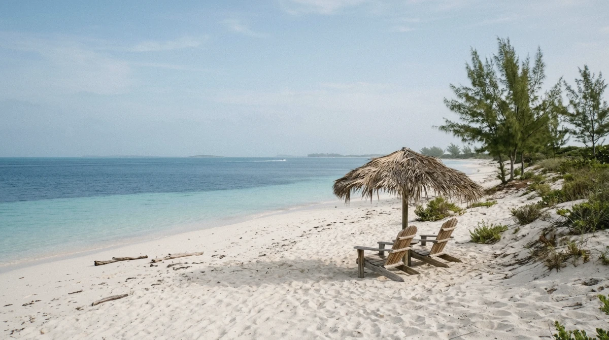 White sand and shallow turquoise water at Rose Island, the closest place to swim with pigs in the Bahamas from Nassau